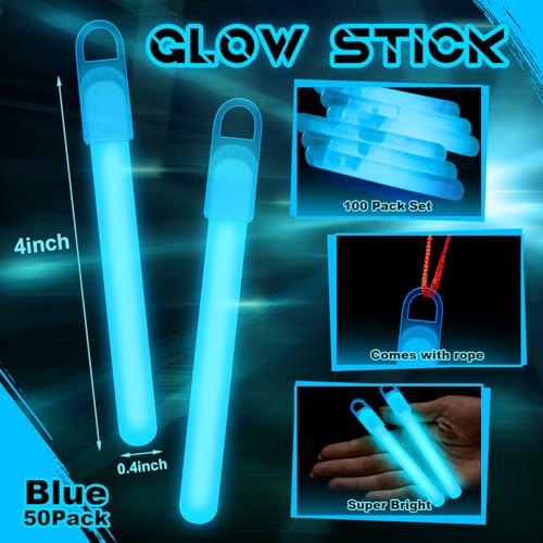 Lewtemi 50 Pack 4 or 6 Bright Glow Sticks Bulk Glow in the Dark Party Supplies Birthday and Holidays 4 InchBlue - Image 5