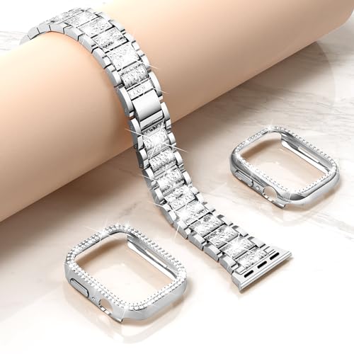 Mosonio Compatible with Apple Watch Band 46mm S11/S10 with Case Women, Jewelry Replacement Metal Wristband with 2 Pack Bling PC Protective Cover for iWatch Series 11/10(46mm,Silver) - Image 3