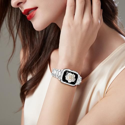Mosonio Compatible with Apple Watch Band 46mm S11/S10 with Case Women, Jewelry Replacement Metal Wristband with 2 Pack Bling PC Protective Cover for iWatch Series 11/10(46mm,Silver) - Image 2