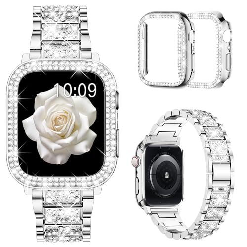 Mosonio Compatible with Apple Watch Band 46mm S11/S10 with Case Women, Jewelry Replacement Metal Wristband with 2 Pack Bling PC Protective Cover for iWatch Series 11/10(46mm,Silver) - Image 1