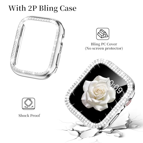 Mosonio Compatible with Apple Watch Band 46mm S11/S10 with Case Women, Jewelry Replacement Metal Wristband with 2 Pack Bling PC Protective Cover for iWatch Series 11/10(46mm,Silver) - Image 4