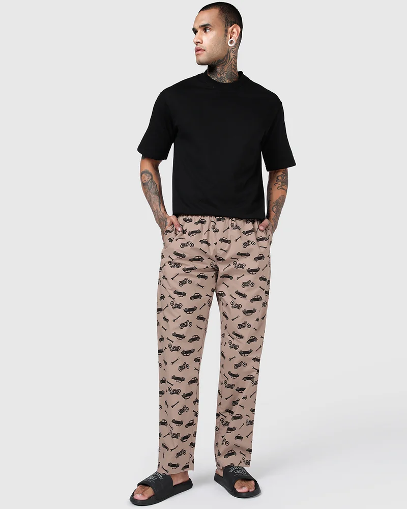 bewakoof  Men's Warm Taupe Brown All Over Printed Pyjamas for Men | Best Price UAE