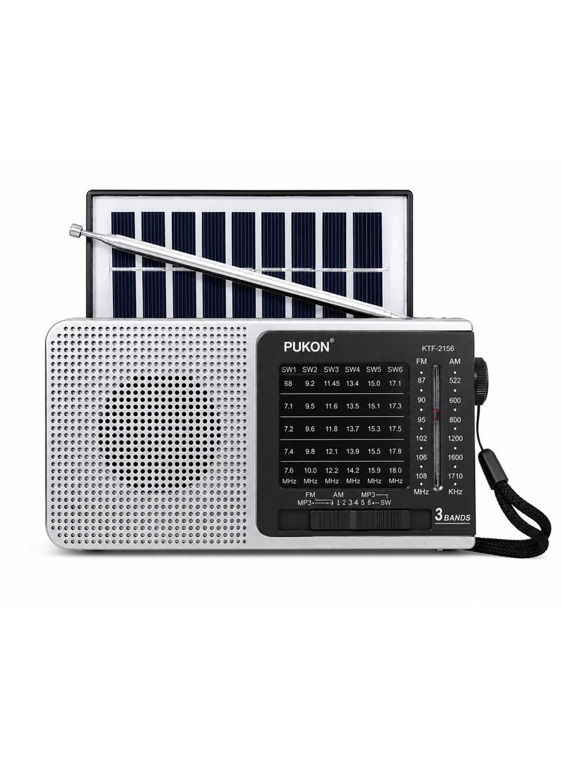 PUKON KTF-2156 Portable Solar Rechargeable Full Band Radio with FM/AM/SW Receiver, USB & TF Card MP3 Player, Built-in Speaker, LED Flashlight & Solar Panel, Emergency Travel Radio – Silver/Black - Image 1