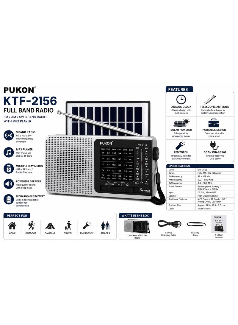 PUKON KTF-2156 Portable Solar Rechargeable Full Band Radio with FM/AM/SW Receiver, USB & TF Card MP3 Player, Built-in Speaker, LED Flashlight & Solar Panel, Emergency Travel Radio – Silver/Black - Image 2