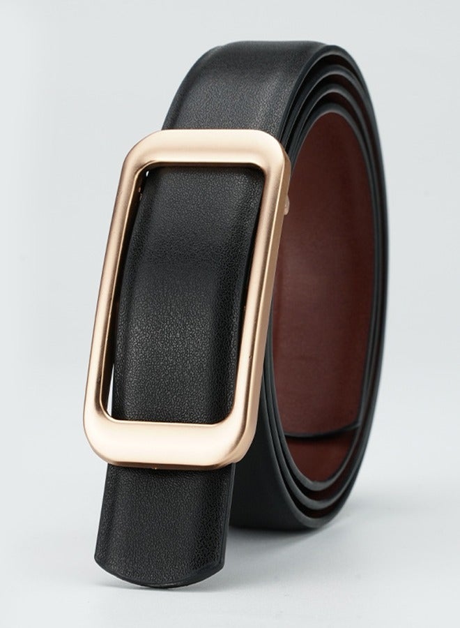 حزام نسائي من الجلد الأصلي مزدوج الجوانب | حزام أسود فاخر بإبزيم ذهبي | حزام قابل للتعديل بطول ١٢٠ سم يناسب البناطيل الرسمية والجينز | إكسسوارات أنيقة بلونين - Image 1