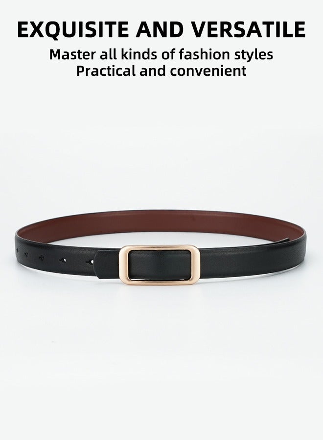 حزام نسائي من الجلد الأصلي مزدوج الجوانب | حزام أسود فاخر بإبزيم ذهبي | حزام قابل للتعديل بطول ١٢٠ سم يناسب البناطيل الرسمية والجينز | إكسسوارات أنيقة بلونين - Image 2