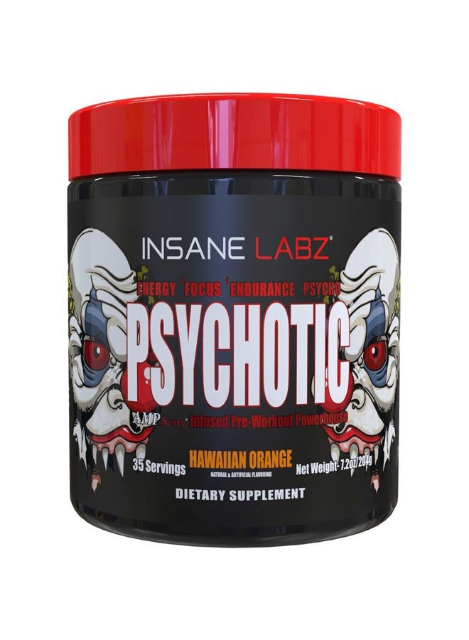 Insane labz سايكوتيك، مسحوق ما قبل التمرين المنبه العالي، طاقة دائمة للغاية، تركيز وقدرة تحمل مع بيتا ألانين، كرياتين مونوهيدرات DMAE، 35 حصة (برتقال هاواي) - Image 1