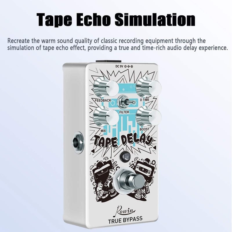 Rowin Tape Delay Guitar Pedal with Reverb Boost Effect Pedal Full Size True Bypass RE-01 - Image 1