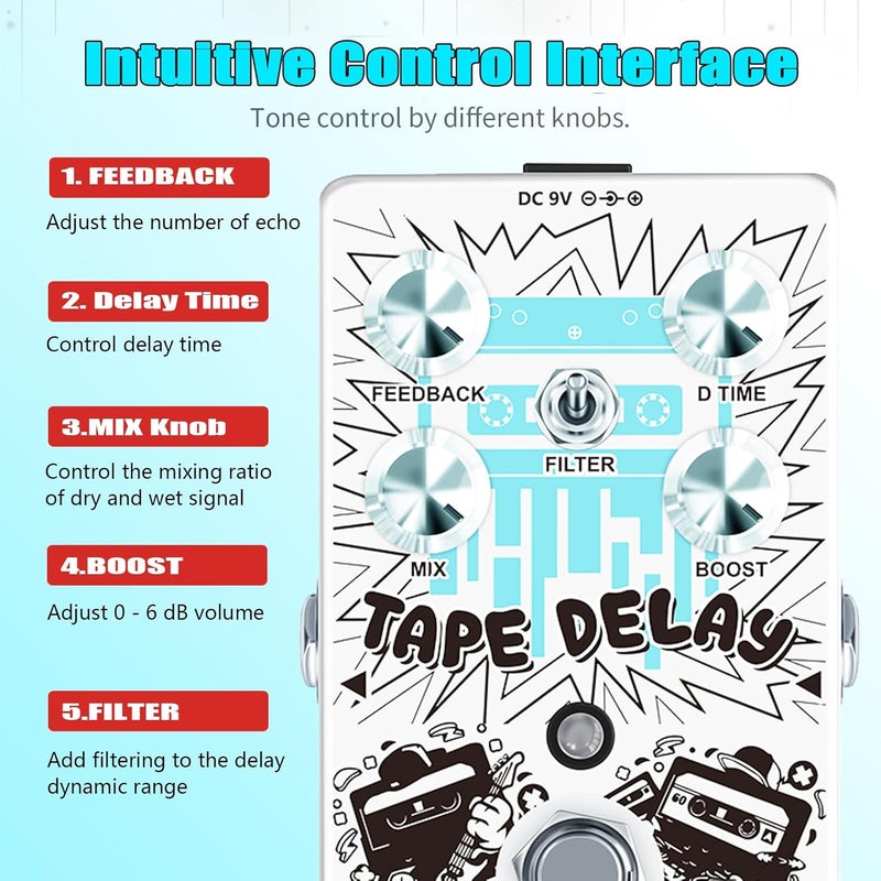 Rowin Tape Delay Guitar Pedal with Reverb Boost Effect Pedal Full Size True Bypass RE-01 - Image 2