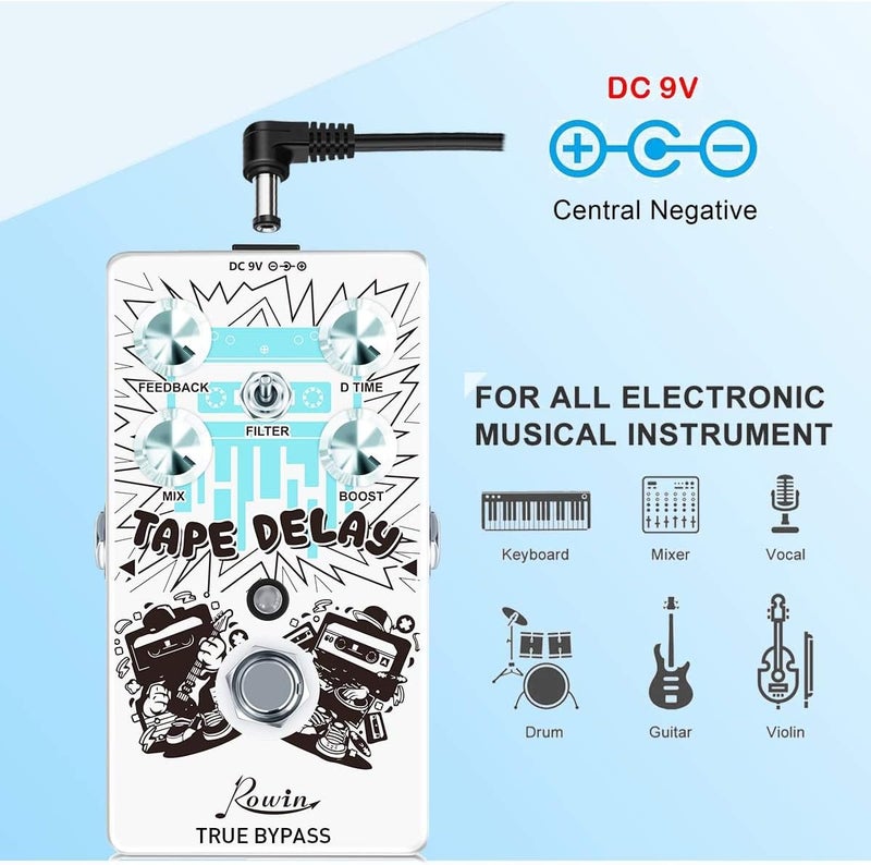 Rowin Tape Delay Guitar Pedal with Reverb Boost Effect Pedal Full Size True Bypass RE-01 - Image 3