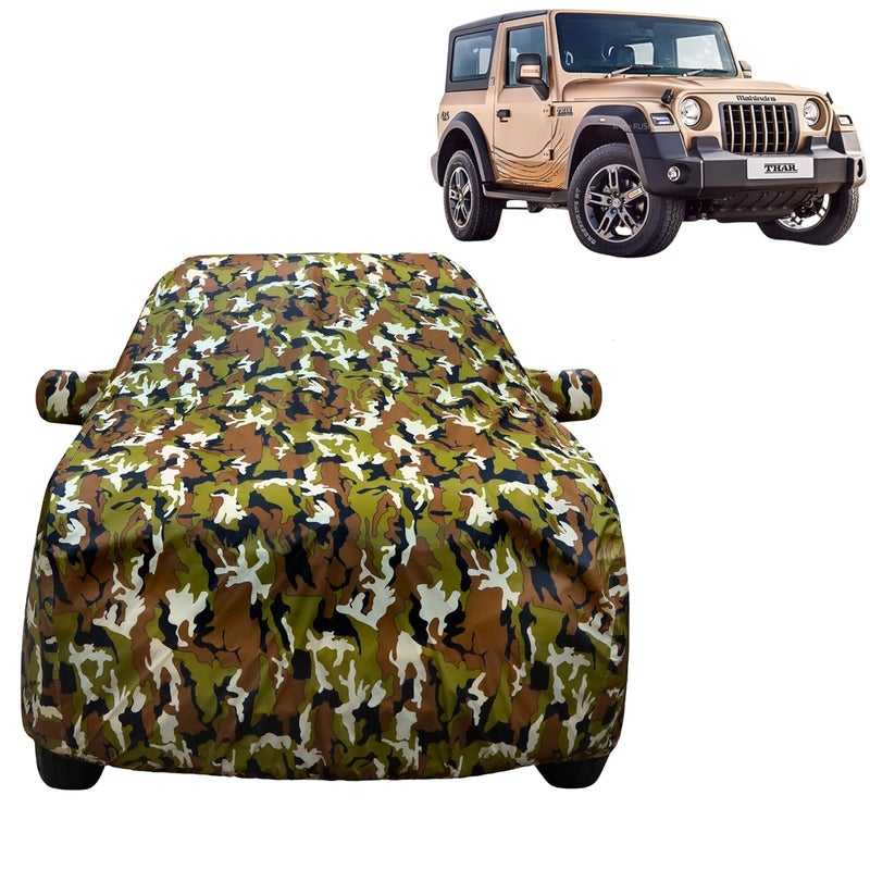 VYAS 100% Waterproof Car Body Cover for Mahindra New Thar (2020-2025) with Mirror Pocket Triple Stitched Belt & Buckle Fitting Dual Elastic, Durable Material Jungle Print Camouflage Design - Image 1