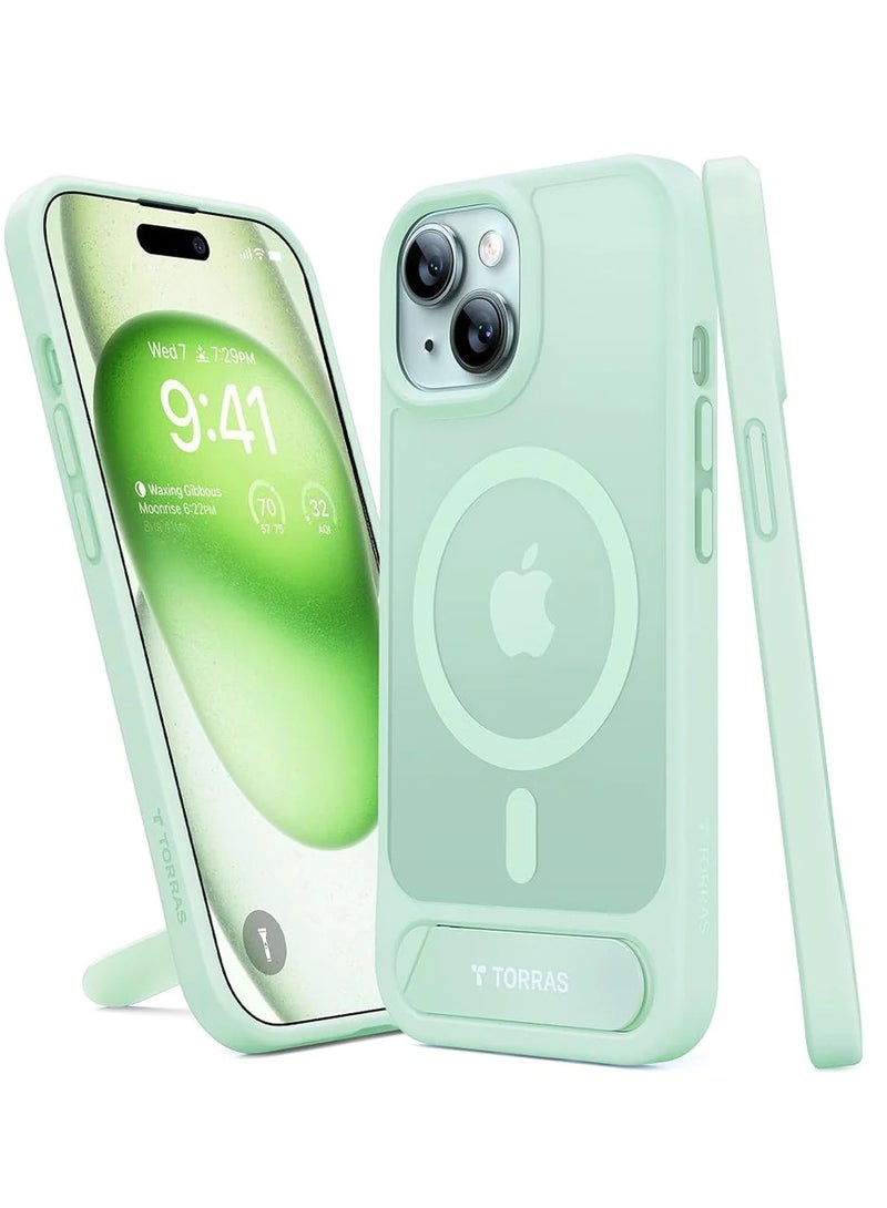 ترقية مغناطيسية وحامل مصمم لحافظة آيفون 15 متوافقة مع ماغسيف، 12 قدم [حافظة هاتف مقاومة للصدمات بمعيار عسكري لآيفون 15 بحجم 6.1 بوصة 2023 مع حامل غير مرئي مدمج، سلسلة Pstand، أخضر غير لامع - Image 1