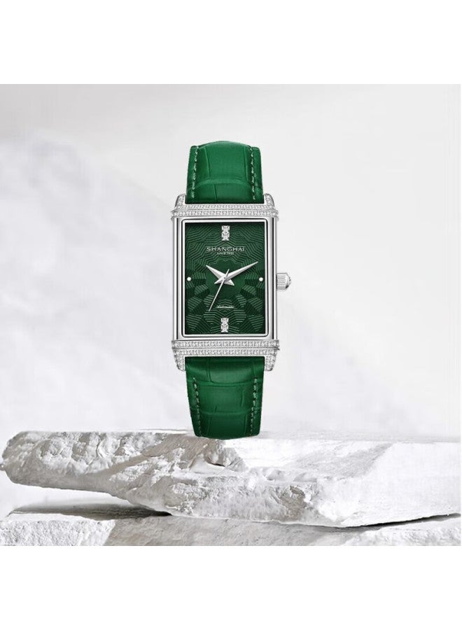 Shanghai Women's Automatic Mechanical Watch Metropolitan Mirror Shine Double Diamond Silver Case Green Gift 22mt - Image 1