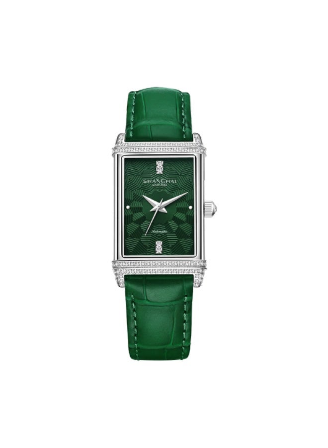 Shanghai Women's Automatic Mechanical Watch Metropolitan Mirror Shine Double Diamond Silver Case Green Gift 22mt - Image 2