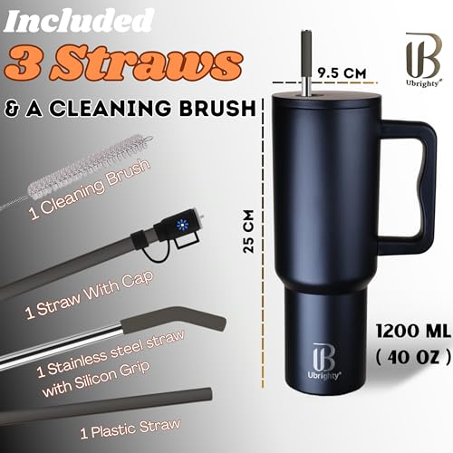 Ubrighty 1200ML Tumbler with Lid and Straw | One Ps Stainless Steel Water Tumbler Sipper Insulated Hot and Cold with Handle Leak Proof Cup Mug Cupholder for Gym Office Travelling (Black Natural) - Image 4