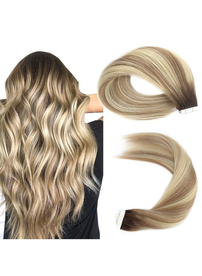 Sassina 16 Inch Invisible Tape In Hair Extensions Human Hair Rooted Brown To Blonde Real Hair Extensions Tape In Double Side Glue In Real Hair Extensions 50G 20Pcsper Set R38P613 - Image 1