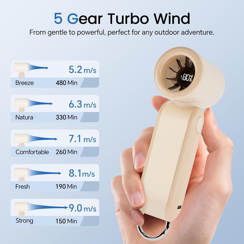 MERTTURM Handheld Portable Fan, 17400RPM Powerful Turbo Fan with Hook, 3000mAh Rechargeable Personal Mini Pocket Fan with 5 Speeds for Commuting/Walking/Shopping/Traveling/School - Milk Coffee - Image 4