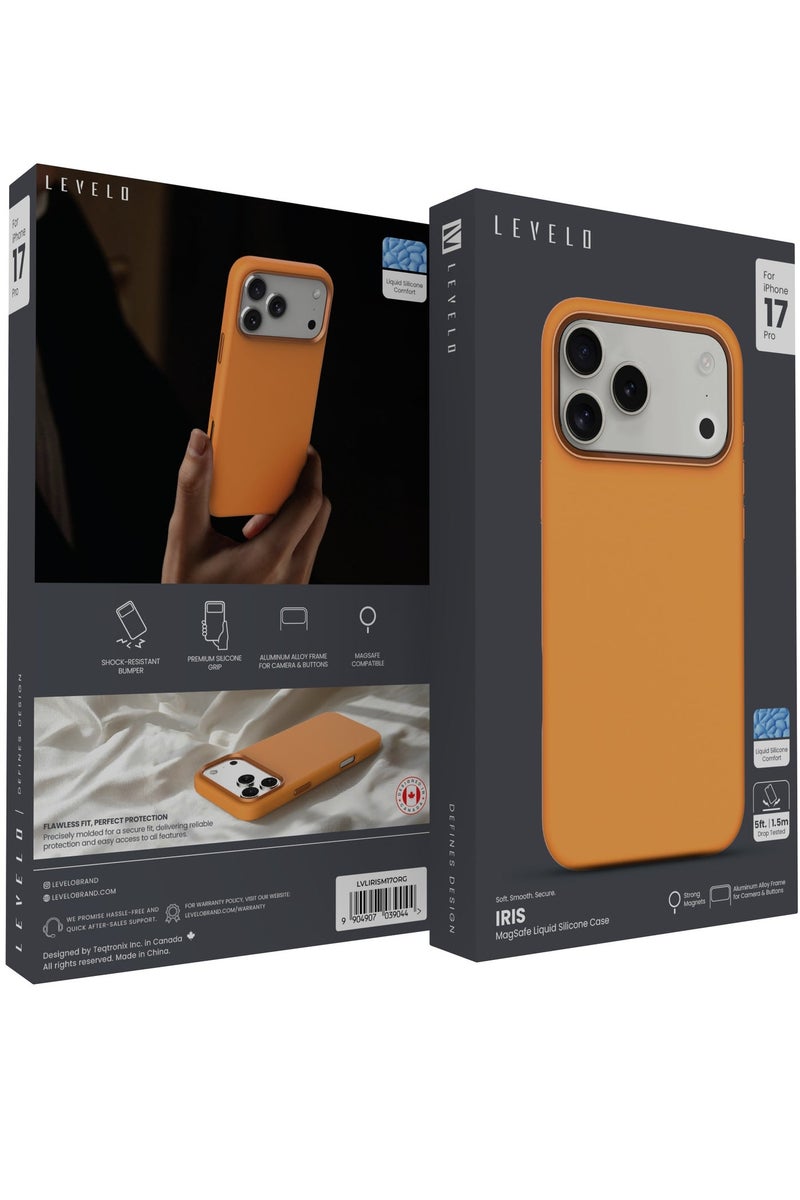 ليفيلو جراب ماج سيف من السيليكون السائل لجهاز آيفون 17 برو من إيريس مع إطار من سبائك الألومنيوم للكاميرا والأزرار / مقبض سيليكون ممتاز / ممتص للصدمات / غطاء خلفي مريح من السيليكون السائل - برتقالي - Image 2