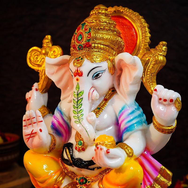 Ekhasa Aura Series Big Size Marble Dust Ganesha Idol 1 Feet Handpainted Ganesh Murti for Pooja Room Home Decor Office Desk Resin Vinayagar Statue for Diwali Puja Vinayaka Idol for Gifting - Image 2
