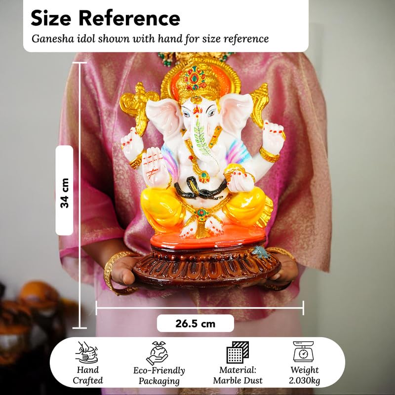 Ekhasa Aura Series Big Size Marble Dust Ganesha Idol 1 Feet Handpainted Ganesh Murti for Pooja Room Home Decor Office Desk Resin Vinayagar Statue for Diwali Puja Vinayaka Idol for Gifting - Image 3
