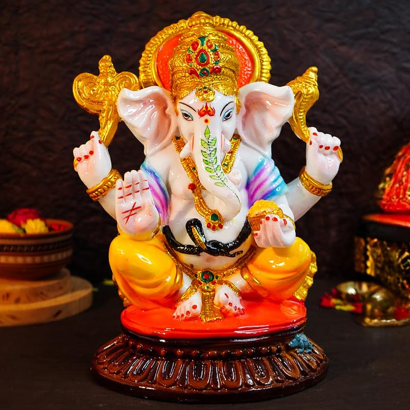 Ekhasa Aura Series Big Size Marble Dust Ganesha Idol 1 Feet Handpainted Ganesh Murti for Pooja Room Home Decor Office Desk Resin Vinayagar Statue for Diwali Puja Vinayaka Idol for Gifting - Image 1
