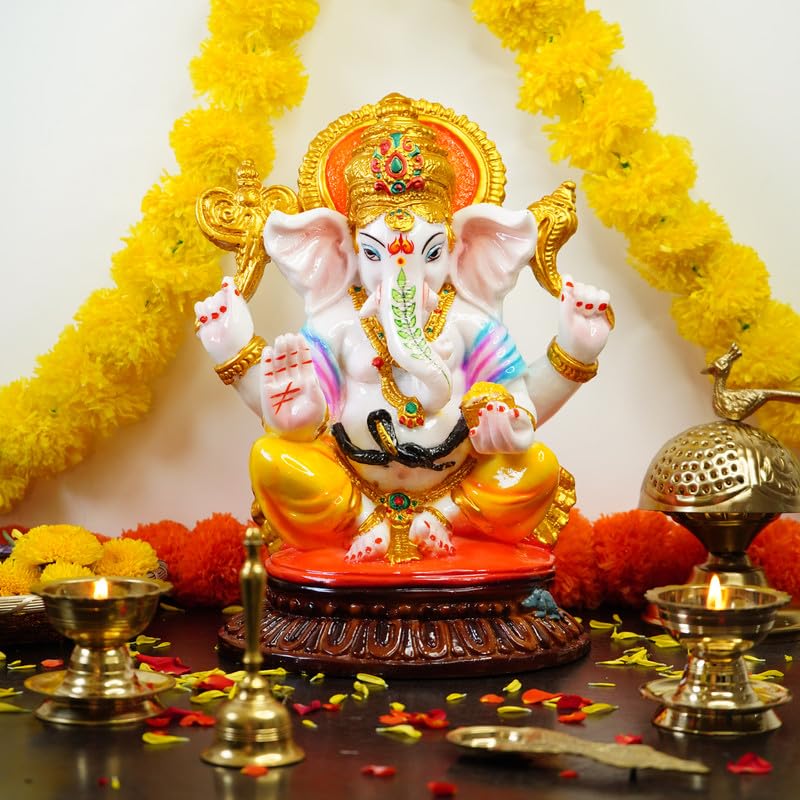 Ekhasa Aura Series Big Size Marble Dust Ganesha Idol 1 Feet Handpainted Ganesh Murti for Pooja Room Home Decor Office Desk Resin Vinayagar Statue for Diwali Puja Vinayaka Idol for Gifting - Image 4