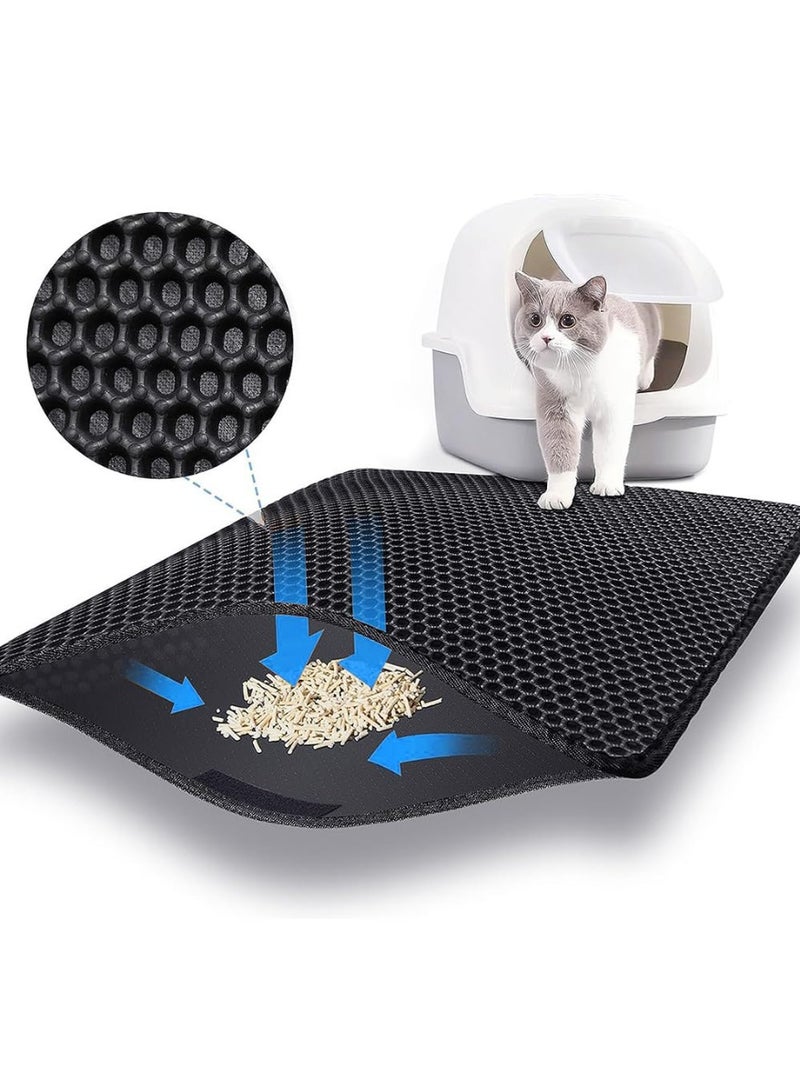 سجادة صندوق فضلات القطط، 18×24 بوصة سجادة لاحتجاز فضلات القطط لصندوق رمل القطط، تصميم خلية نحل مزدوج الطبقات، سجادة فضلات مقاومة للماء، فراش حيوان أليف قابل للغسيل، أسود - Image 1
