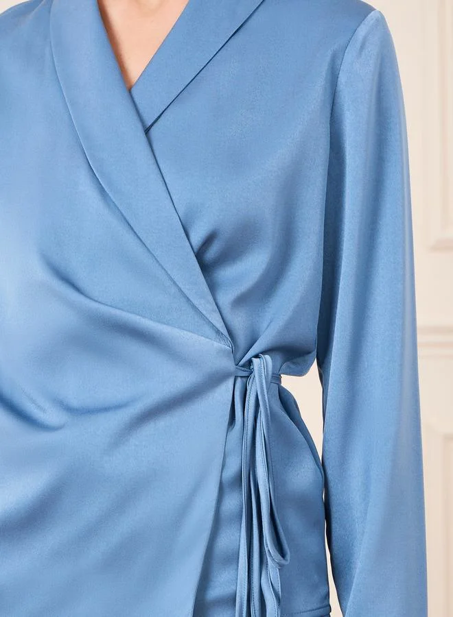ستايلي Notch Lapel Collar Wrap Top with Faux Feather Trim & Pants Co-Ords