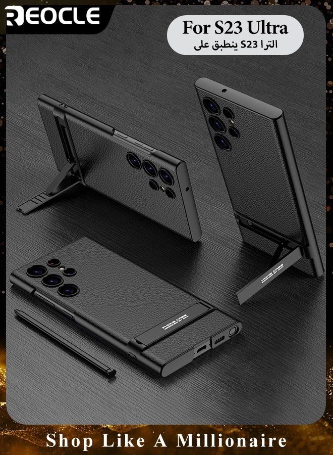 REOCLE Samsung Galaxy S23 Serious Case with Kickstand Ultra-thin Plain Leather Anti-fall Mobile Phone Case for Galaxy S23 Series - Image 1