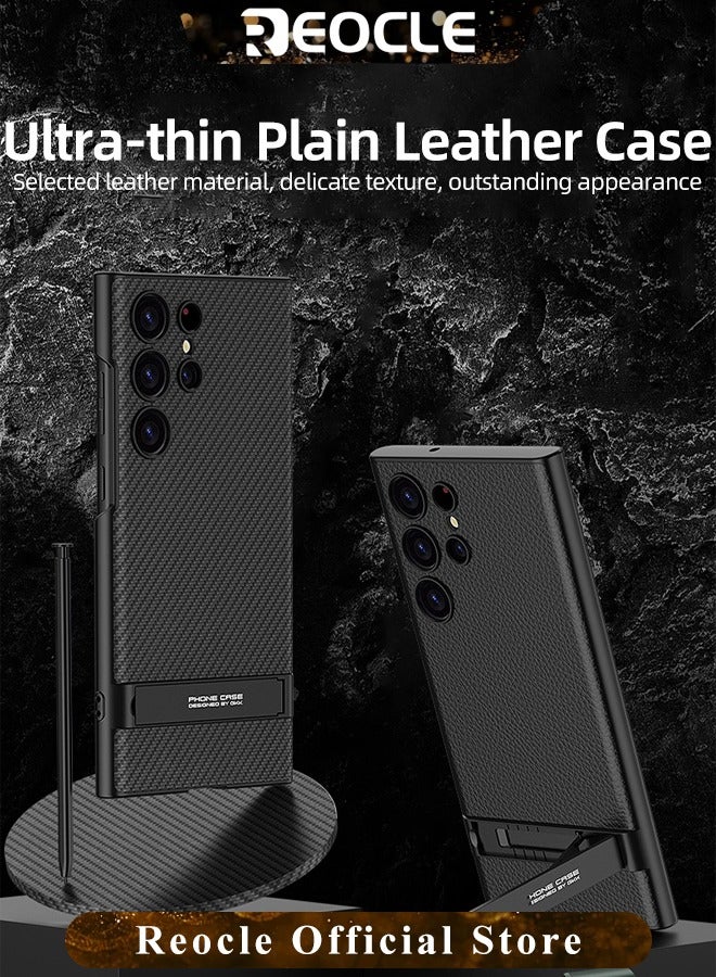 REOCLE Samsung Galaxy S23 Serious Case with Kickstand Ultra-thin Plain Leather Anti-fall Mobile Phone Case for Galaxy S23 Series - Image 2