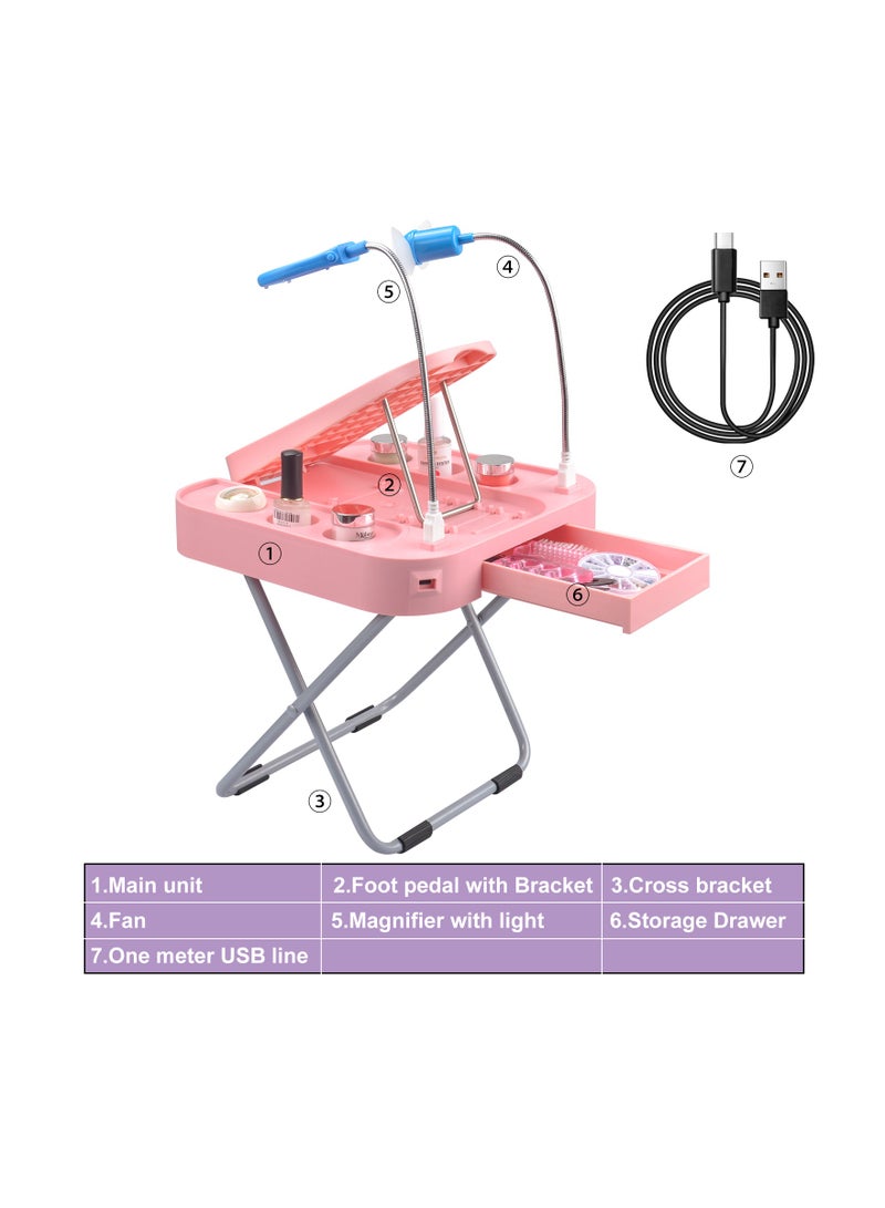 Adjustable Pedicure Foot Stand Kit with LED Magnifier and Drying Fan Reinforced and Thickened Folding Non Slip Pedicure Stool pink - Image 3
