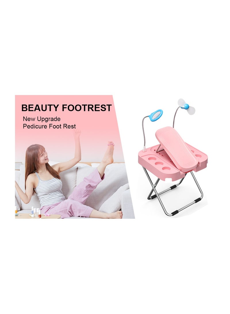 Adjustable Pedicure Foot Stand Kit with LED Magnifier and Drying Fan Reinforced and Thickened Folding Non Slip Pedicure Stool pink - Image 2