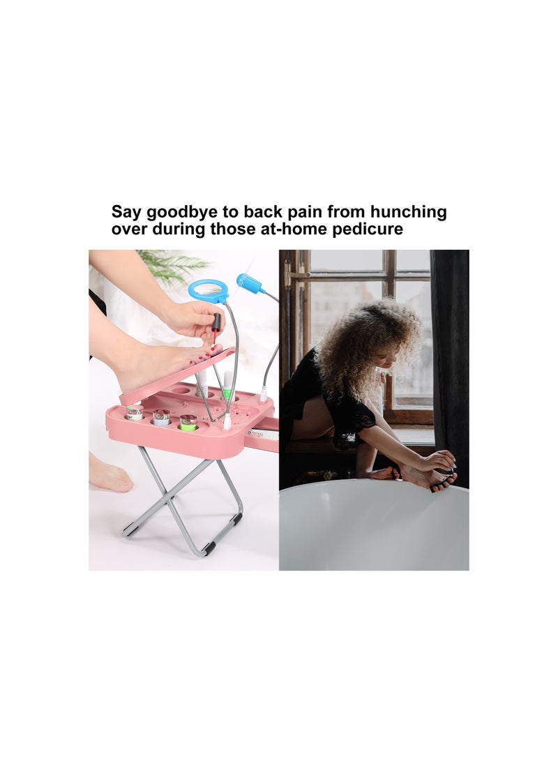 Adjustable Pedicure Foot Stand Kit with LED Magnifier and Drying Fan Reinforced and Thickened Folding Non Slip Pedicure Stool pink - Image 5