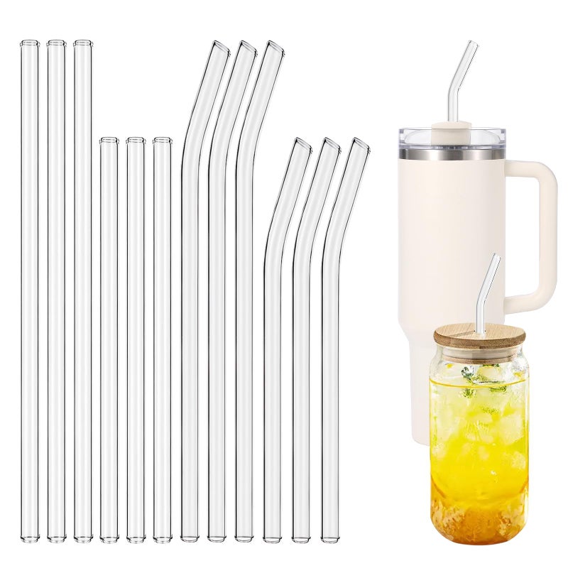 MYJIE 12 Pcs Reusable Glass Straws Shatter Resistant  11 x 8mm and 9 x 8mm Clear Straws Each Including 3 Straight and 3 Bent with 2 Cleaning Brush for 30 oz and 20 oz Tumblers Juice Coffee Cocktail Tea