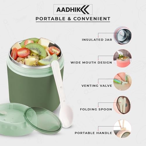 AADHIK Insulated Soup Cup with Spoon - Stainless Steel Water Cup and Leakproof Food Flask for Hot Food - Lunch Container for Kids, Adults - Office, Outdoor, Picnic, Travel (Green) 500 ML - Image 3