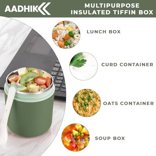AADHIK Insulated Soup Cup with Spoon - Stainless Steel Water Cup and Leakproof Food Flask for Hot Food - Lunch Container for Kids, Adults - Office, Outdoor, Picnic, Travel (Green) 500 ML - Image 2