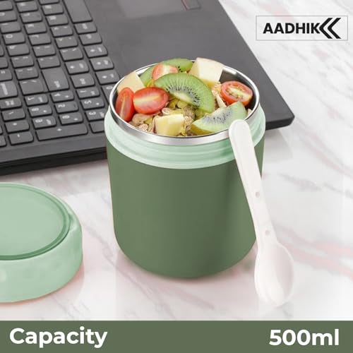 AADHIK Insulated Soup Cup with Spoon - Stainless Steel Water Cup and Leakproof Food Flask for Hot Food - Lunch Container for Kids, Adults - Office, Outdoor, Picnic, Travel (Green) 500 ML - Image 5