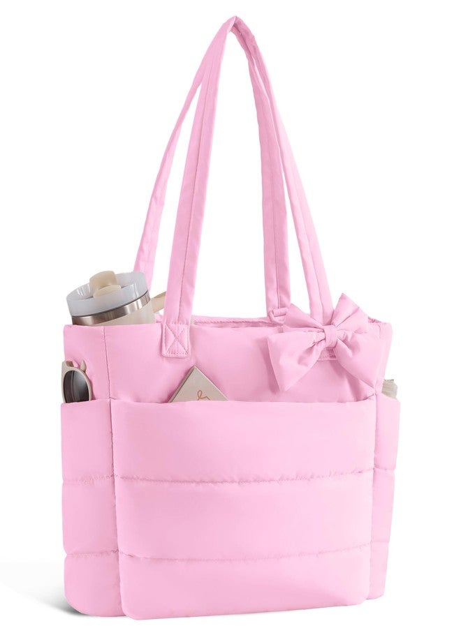 CTWWFS Puffer Tote Bag for Women, Quilted Bow Tote Bag with Cup Holder & 15.6 In Laptop Compartment for Work, Travel, Gym, College, Dark Pink, Medium, Fashion - Image 1