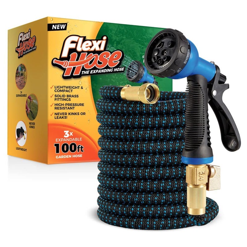 Flexi Hose Expandable Garden Hose with 8 Function Nozzle, 100FT - Lightweight Retractable Garden Hose, Water Hose - No-Kink Flexibility, 3/4 Inch Solid Brass Fittings and Double Latex Core - Image 1