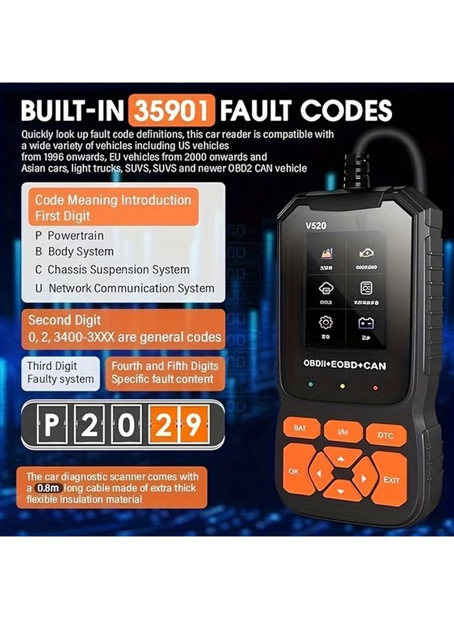 أداة تشخيص OBD2 V520 قارئ رموز السيارات بيانات حية فحص ضوء المحرك إطار التجميد جاهزية I/M متوافق مع السيارات والشاحنات وسيارات الدفع الرباعي موديلات 1996 وما أحدث لا يحتاج إلى طاقة خارجية تصميم مضغوط لمستخدمي الأعمال اليدوية غلاف متين مناسب لورش إصلاح السيارات - Image 5