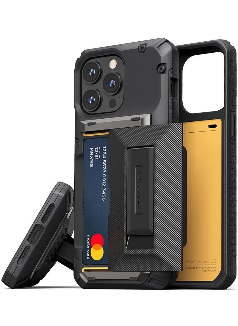 VRS Design Damda Glide Hybrid iPhone 14 Pro Max Case Cover Wallet with Semi Automatic Credit Card Holder Slot (3-4 Cards) & Kickstand - Black Groove  - Image 1