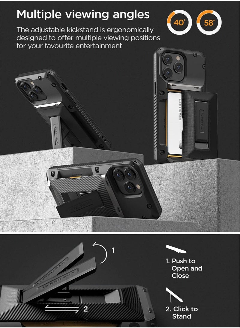 VRS Design Damda Glide Hybrid iPhone 14 Pro Max Case Cover Wallet with Semi Automatic Credit Card Holder Slot (3-4 Cards) & Kickstand - Black Groove  - Image 4