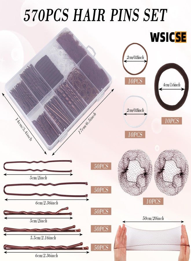 WSICSE 570PCS Brown Bobby Pins for Women, Hair Pins Kit with Hair Nets for Buns, 2 & 2.4Inch U-shaped Bobby Pins Bulk for Wedding Bridal Styling with Storage Box, French Hair Pin Clips Hair Accessories - Image 2