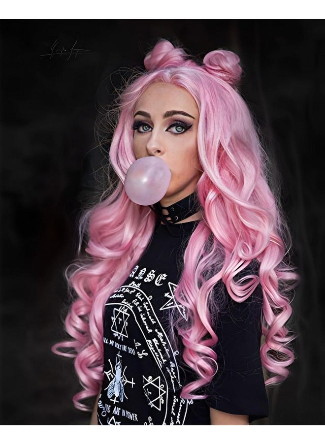 IMSTYLE Mstyle Pink Lace Front Wigs Long Wavy Synthetic Wig For Women Natural Hairline Mera Cosplay Party Halloween Heat Resistant Hair 26Inch  - Image 2