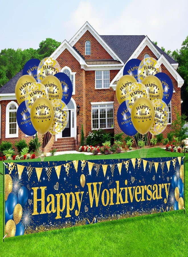 Yoirrat Happy Work Anniversary Decorations Blue Gold Workiversary Banner Yard Sign With 18 Pcs Balloons for Office Anniversary Party Decoration Employee Appreciation Office Party Supplies - Image 2