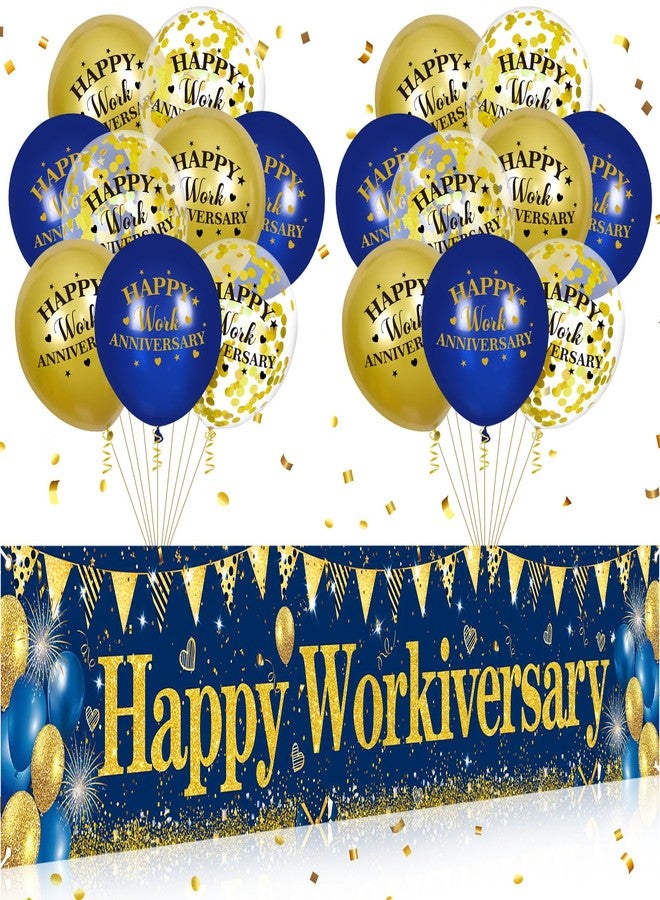 Yoirrat Happy Work Anniversary Decorations Blue Gold Workiversary Banner Yard Sign With 18 Pcs Balloons for Office Anniversary Party Decoration Employee Appreciation Office Party Supplies - Image 1