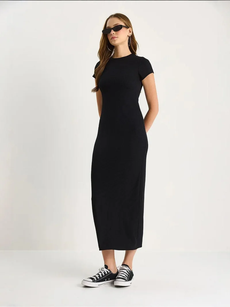 Bianco Lucci Black LUCCI Slim Fit Crew Neck Maxi Dress for Women | Best Price UAE