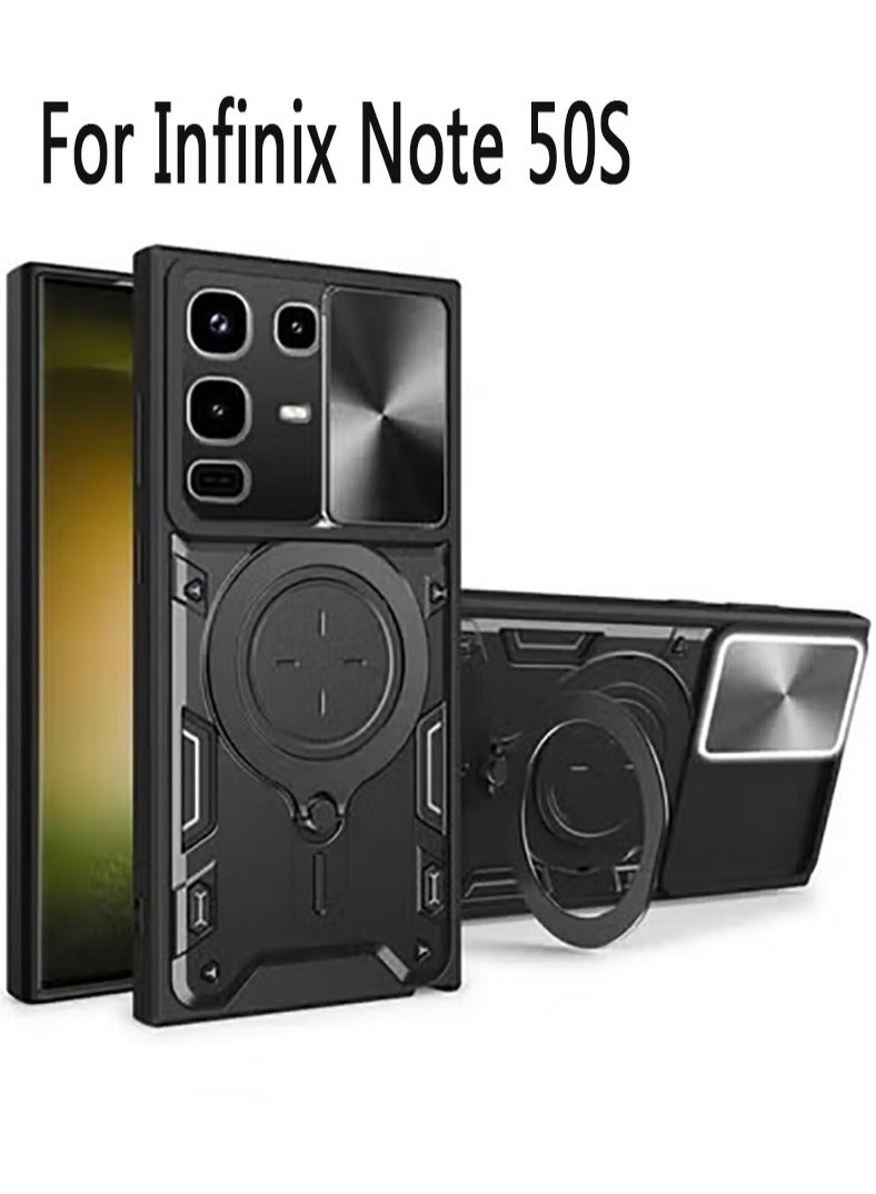Armor Case for Infinix Note 50S   with Slide Camera Cover, Shockproof Case with [Rotatable Big Ring Kickstand] for Infinix Note 50S  . Black - Image 1
