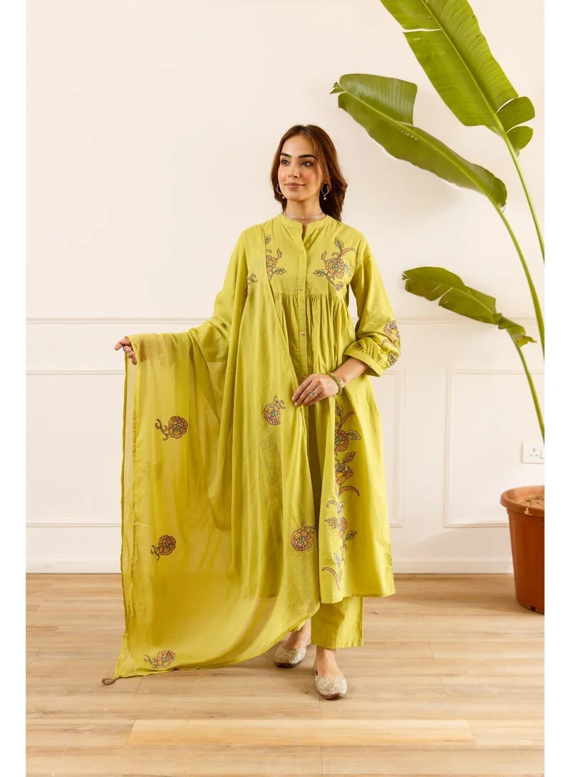 PRIYA’S PANACHE Yellow Embroidered Cotton Anarkali Kurta Pant Dupatta Set for Women | Floral Embroidery | Ethnic Indian Wear | Festive, Party, Eid & Wedding Wear | 3 Piece Kurta Set