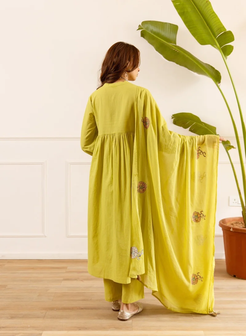 PRIYA’S PANACHE Yellow Embroidered Cotton Anarkali Kurta Pant Dupatta Set for Women | Floral Embroidery | Ethnic Indian Wear | Festive, Party, Eid & Wedding Wear | 3 Piece Kurta Set